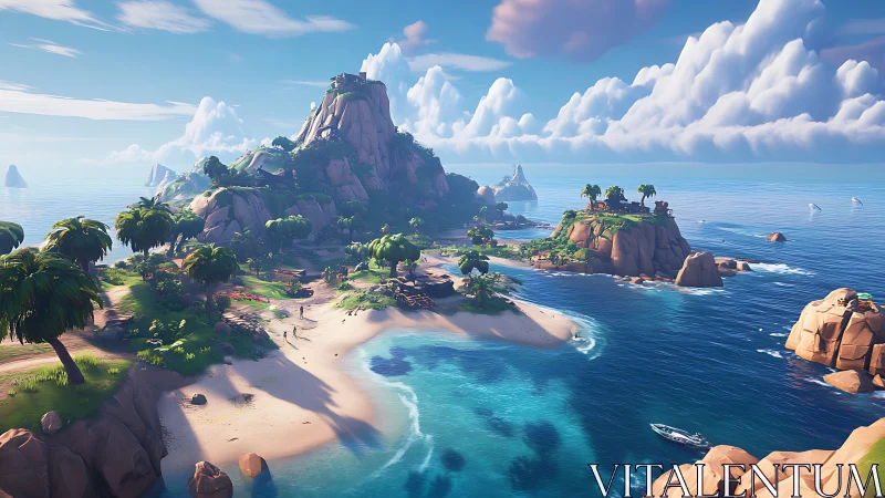 Fantasy Island Paradise with Towering Rock Formation.