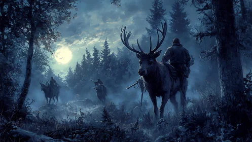 Moonlit elk riders traverse misty conifer forest clearing.