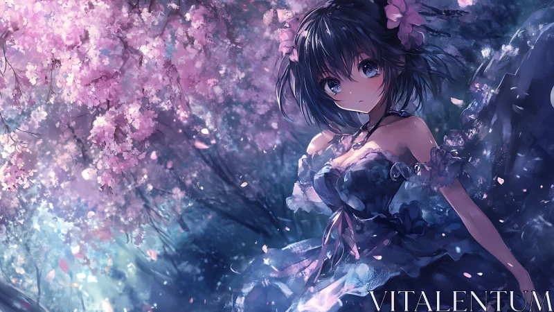 Midnight petals and soft starlight around a quiet dreamer.