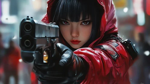 Fearless girl in red hoodie holds her ground in the city.