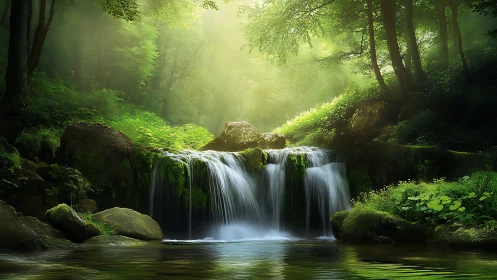 Soft-lit forest waterfall with mossed rocks and shallow reflective pool