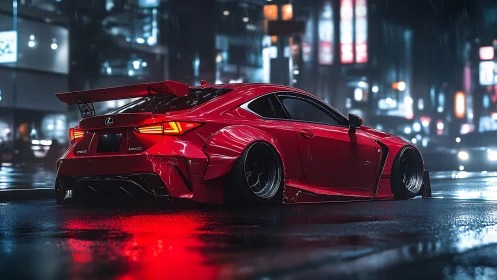 Modified red Lexus coupe on wet neon city street at night