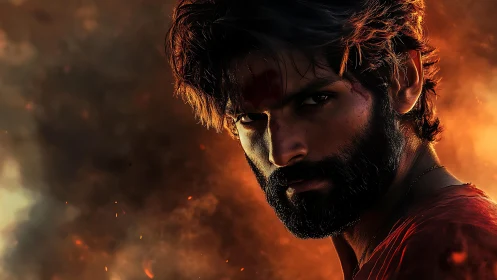 Intense bearded warrior in ember-lit cinematic close-up portrait.