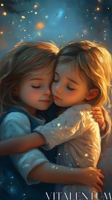 Two children embrace amid floating golden luminescence.