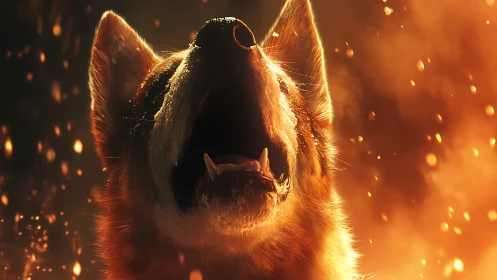 Cinematic close-up of howling dog amid airborne embers and firelight