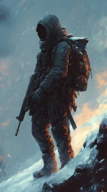 Hooded armed figure on snowy ridge in harsh blizzard conditions.