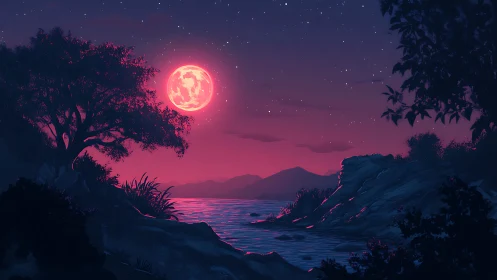 Crimson moon humming above a tranquil neon-twilight cove.