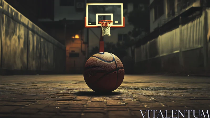 Basketball on empty outdoor court under low evening light.