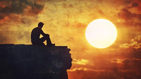 Solitary figure on cliff gazes toward a blazing sunset sky.