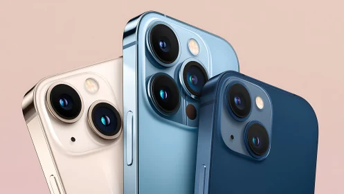 Triple iPhone 13 Pro model showcase displaying dual-lens camera systems