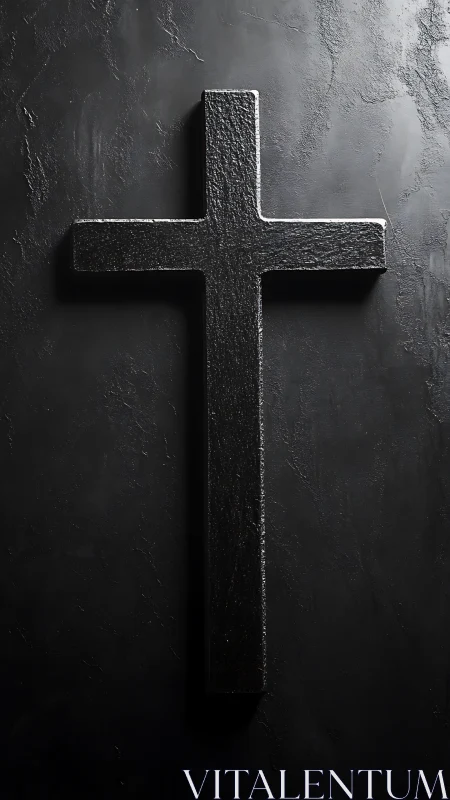 Matte black textured cross on dark stone textured background