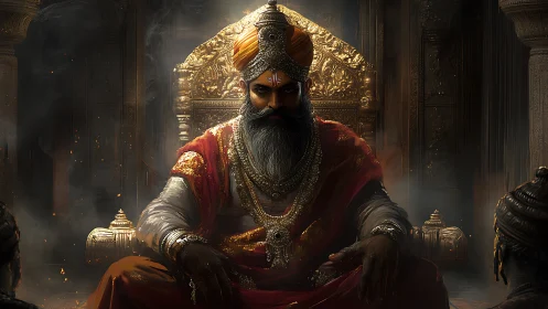 Regal warrior king broods on a golden throne in smoky dusk