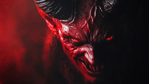 Demonic horned face glows red under dramatic low key lighting