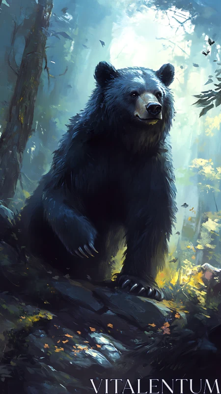 Gentle forest bear pausing in a sunlit woodland clearing.