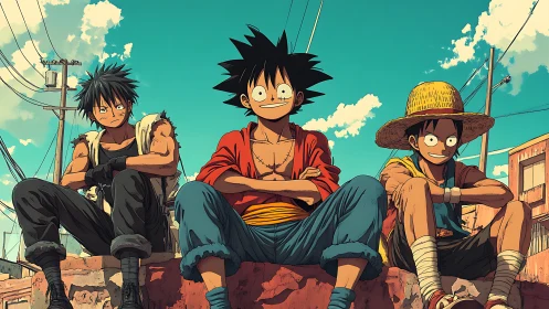 Sunlit anime friends relax together on a warm city rooftop