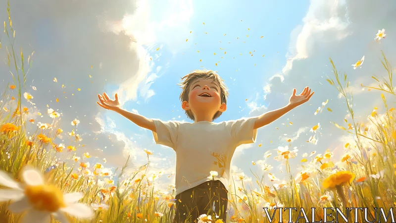 Joyful child welcomes sunlight in glowing wildflower meadow.