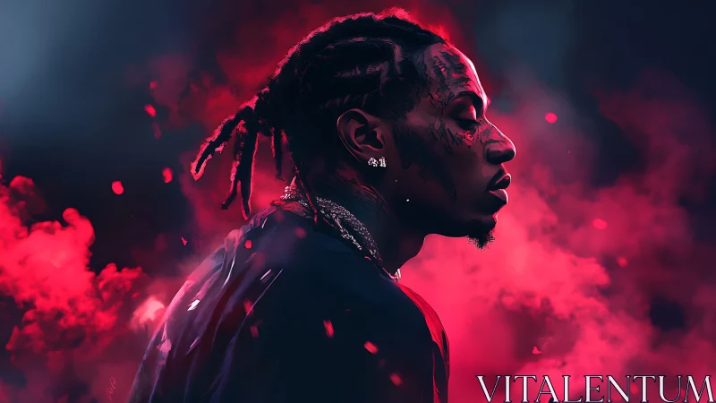 Side-lit portrait in red atmospheric haze with high contrast rim light