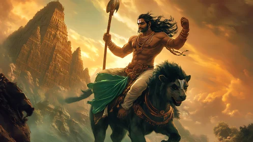 Warrior deity riding armored lion before steep stone temple