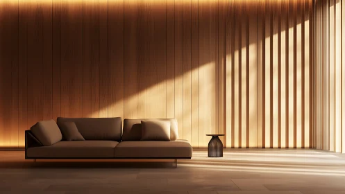Sunlit slatted sanctuary lets a quiet sofa steal the scene