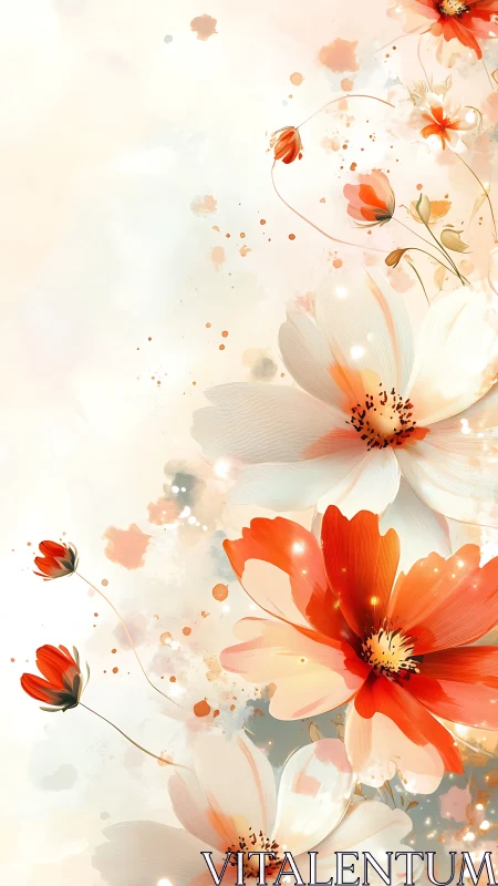 Radiant Cosmos Blossoms: Ethereal Red-Orange Floral Composition.