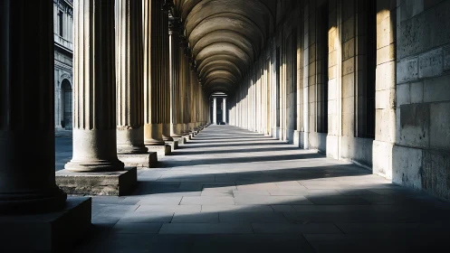 Sunlit classical colonnade with long receding shadows.