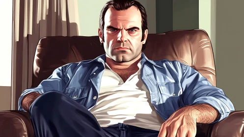 Relaxed yet intense man unwinding in a worn leather chair.