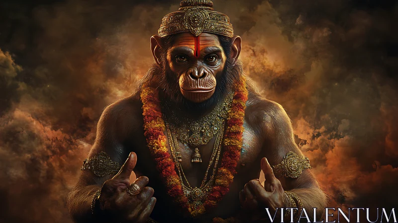 Mythic simian warrior in ornate garlands and burning cloudscape.