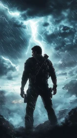 Stormy battlefield hero silhouette under lightning strike.