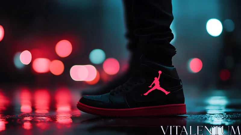 Urban sneaker close-up shows reflective wet pavement at night