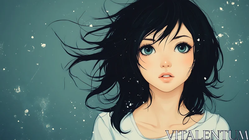 Windblown anime girl portrait with teal abstract backdrop.