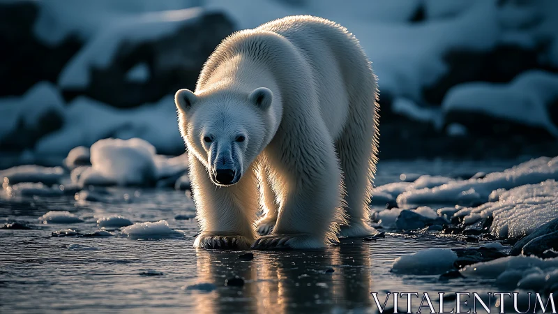 Polar bear strides across sunlit Arctic shoreline ice