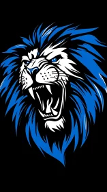 Roaring lion head graphic uses bold blue and white linework