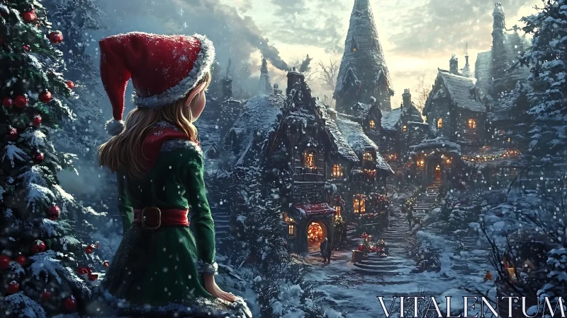 Snowy village glows warmly as a young girl in elf clothes watches