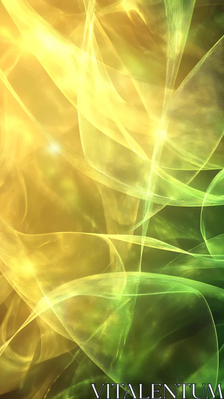 Luminous green and gold wave ribbons drift through abstract space