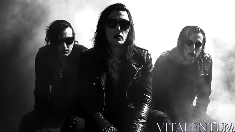 Smoke-shrouded gothic rock trio in stark monochrome portrait.