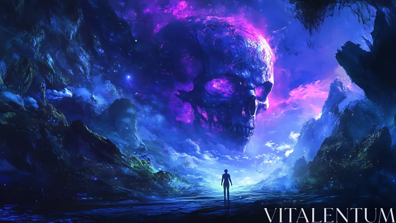 Cosmic nebula skull looming above lone silhouetted wanderer