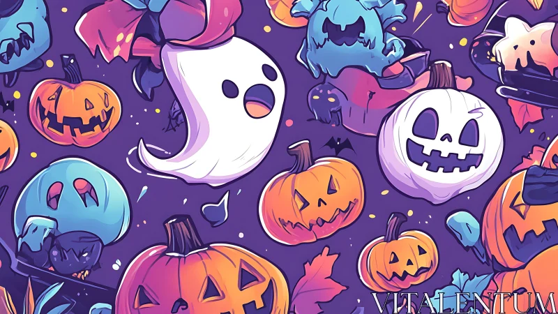 Playful Halloween ghosts and pumpkins swirl in purple night.