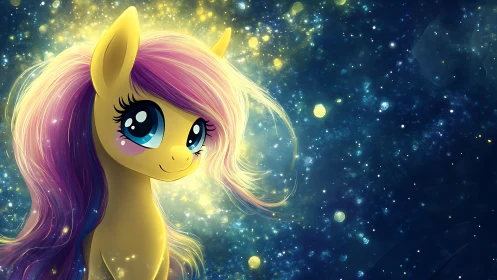 Sparkling pastel pony smiles softly in a dreamy starlit sky