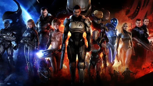 Armored sci fi squad lineup in contrasting cosmic backdrop.