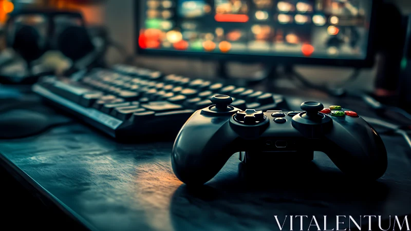 Gaming controller on desk in dim PC setup environment.