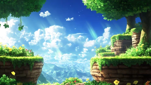 Layered floating cliffs with saturated foliage under volumetric sky