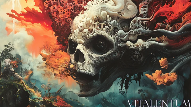 Volumetric necro-cloud skull over biomorphic autumn canyon.