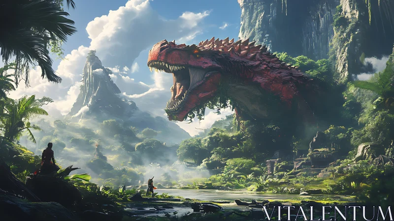 Giant red dinosaur over lush jungle valley landscape.
