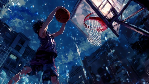 Star-splashed street baller rises toward a midnight slam.