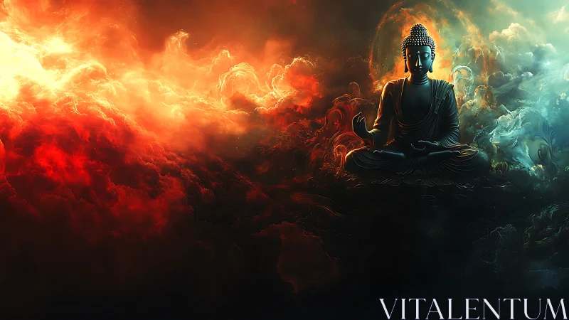 Peaceful Buddha resting amid swirling cosmic fire and light.