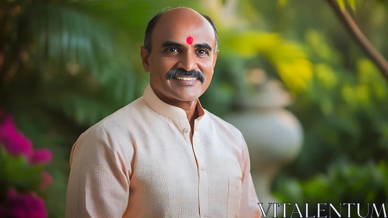 Smiling Indian man in peach kurta, soft garden bokeh portrait.