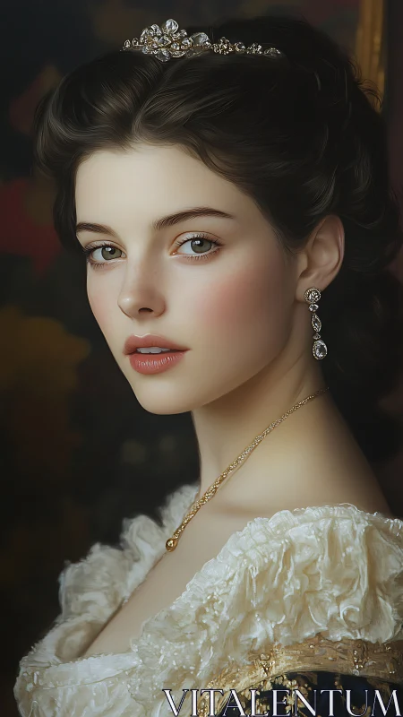 Graceful young noblewoman gazes softly in jeweled finery