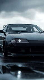 Low-slung black sports coupe rendered in cinematic rain lighting