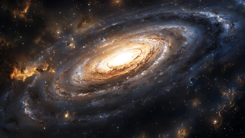 Spiral galaxy glows with luminous core and swirling starfields.