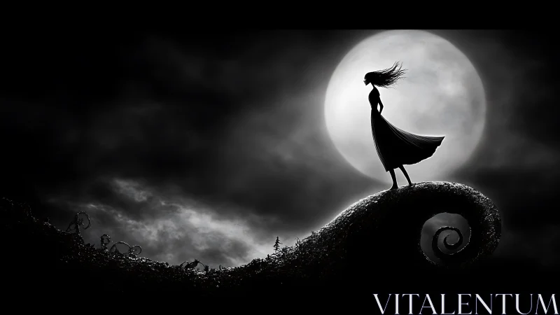 Silhouette figure on curled hill before full moon at night.